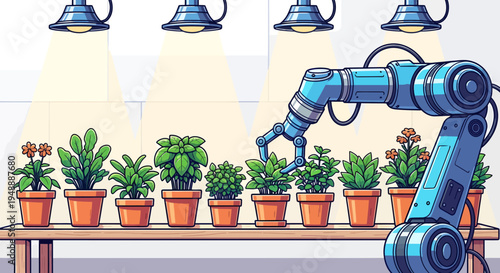 Robotic arm caring for a long row of potted green plants and herbs under warm grow lights in a bright indoor smart farm.
