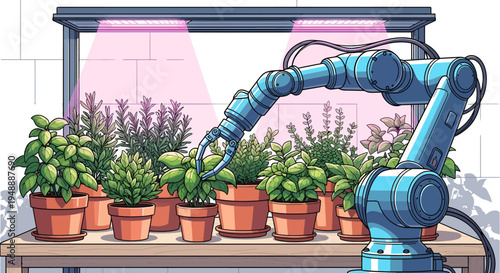 Robotic arm tending to various potted herbs and plants under purple grow lights on a wooden shelf in an indoor smart farm.