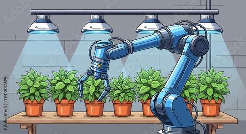 Robotic arm interacting with potted green plants on a wooden shelf under bright grow lights in an automated indoor farm.