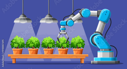 Robotic arm carefully tending to a row of potted green plants on a wooden shelf, illuminated by overhead lights in an indoor smart farm.