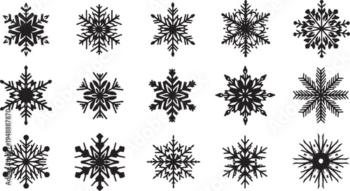 Collection of unique black snowflakes on white background