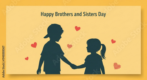 Silhouette of brother and sister holding hands with hearts around on yellow background for brothers and sisters day