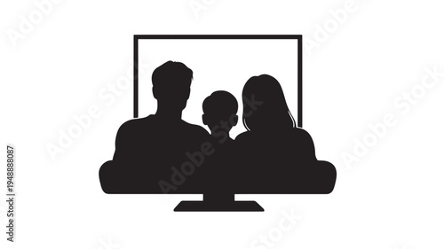 Family silhouette watching television on a modern computer screen with a simple design. featuring tv, couple, child with parent and son elements for