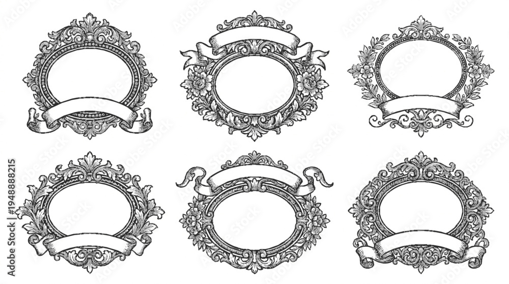 Obraz premium Victorian cameo frame set in ornate oval vector illustrations for design