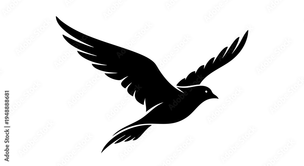 Fototapeta premium Minimalist black bird silhouette vector, flying dove or seagull icon, elegant soaring bird graphic for logo design and branding