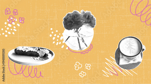Eclairs with a vase of flowers and a cup of coffee on a yellow background. Trendy halftone collage. Collage design with sketch elements. Modern graphics for social media posts, blog banners, and