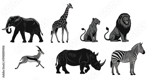 African wildlife illustration set featuring elephant, giraffe, lion, lioness, gazelle, rhinoceros, zebra, safari animals artwork, biodiversity concept and nature conservation design collection