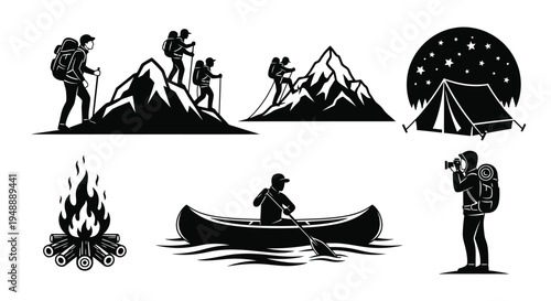 Outdoor adventure silhouettes illustration featuring hiking, mountain climbing, camping tent, campfire, canoeing, binoculars, nature exploration artwork and wilderness recreation design collection