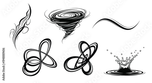 Abstract vector design illustration featuring flame swirl, vortex spiral, wave curve, ribbon loop, infinity twist, splash crown, modern artwork and creative graphic design collection