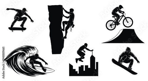 Extreme sports silhouettes illustration featuring skateboarder, rock climber, BMX rider, surfer, parkour athlete, snowboarder, adrenaline sports artwork and dynamic action design collection