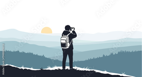 Outdoor exploration illustration featuring traveler with backpack, camera photography, scenic mountain landscape, sunrise or sunset nature artwork and adventure travel design collection