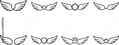 wing silhouette flying feather icon collection, decorative wing shapes symbol design set, angel wing minimal vector elements