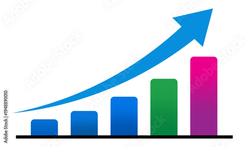 Colorful bar chart growth arrow, business analytics progress, financial increase graph, data visualization success concept