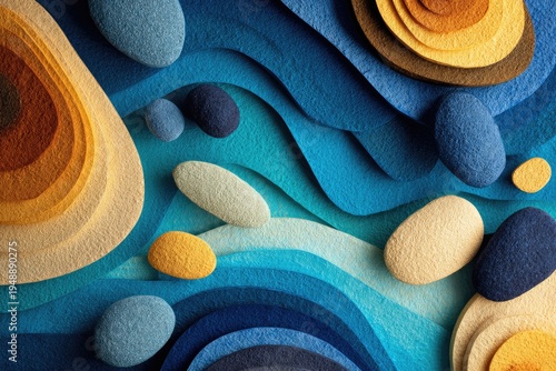Abstract overhead shot of felt layers in blue gradients, sand and pebble shapes