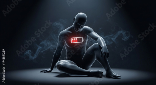 Human silhouette with low battery energy icon representing chronic fatigue.