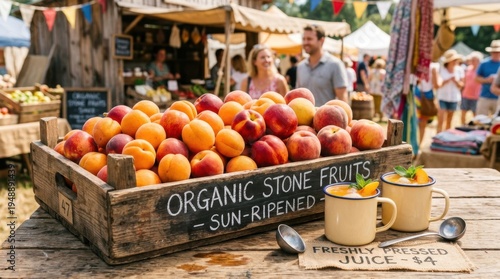 Abundant Organic Stone Fruits and Fresh Juice Display at Sunny Outdoor Market
