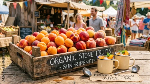 Fototapeta Abundant Organic Stone Fruits and Fresh Juice Display at Sunny Outdoor Market