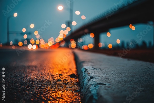 Low-angle view of a wet road at dusk with blurred lights and a bridge in the distance