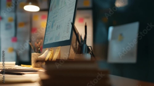 Office Desk at Work: Illuminated by a warm desk lamp, an organized desk setup, brimming with stationary and a computer monitor, hinting at hours of focused work and creative energy. 
