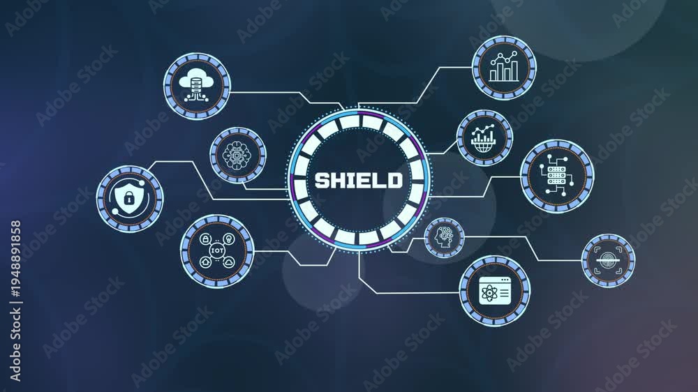 Cyber security shield icon protecting digital data on a futuristic ...
