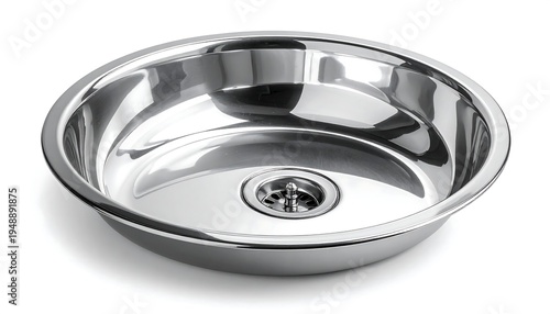 A close-up studio shot presents a shiny, round stainless steel basin. The interior is polished. The drain is in the center