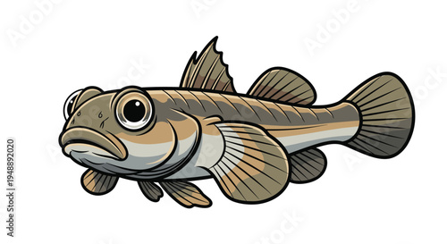 Cartoonish goby fish, characterized by its large, expressive eyes and unique fin structure, captured in a detailed side profile against a clean white background.