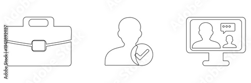 A linear set of business icons depicting a briefcase person with a checkmark and video conference silhouette high quality professional detailed