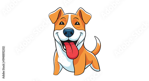 Adorable and cheerful brown and white dog, featuring a wide, happy grin and wagging tail, eagerly anticipating a playful interaction.
