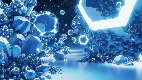 Abstract Blue Crystal Formation With Glowing Hexagons Floating in Space