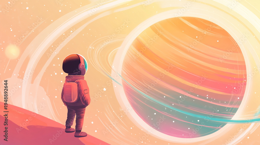 Obraz premium Bright cartoon illustration of a child looking at rainbow-colored planetary rings. Friendly style, pastel colors, and copy space make it suitable for kids materials