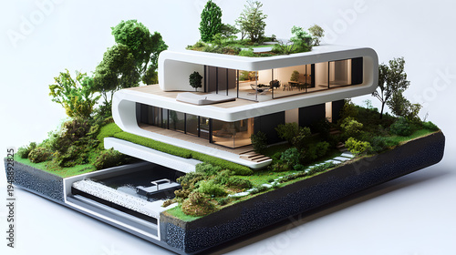 Modern luxury eco-friendly house with rooftop garden and sustainable architecture 3D render
