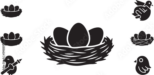 Birds Nest with Eggs and Birds Silhouette Illustration