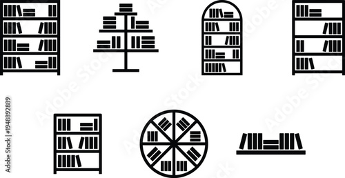 Bookshelf and book storage icons set featuring library shelves book stacks and reading collection symbols for education and literature design