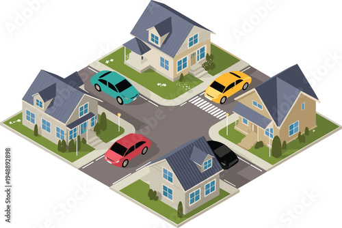 Isometric suburban neighborhood intersection, residential houses, city streets, traffic cars, urban planning, community housing, modern suburb illustration concept