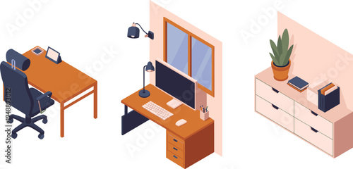 Isometric, home, office, furniture, workspace, desk, computer, chair, cabinet, interior, workplace, modern, setup, workspace, design, illustration, workstation, decor, room, organization