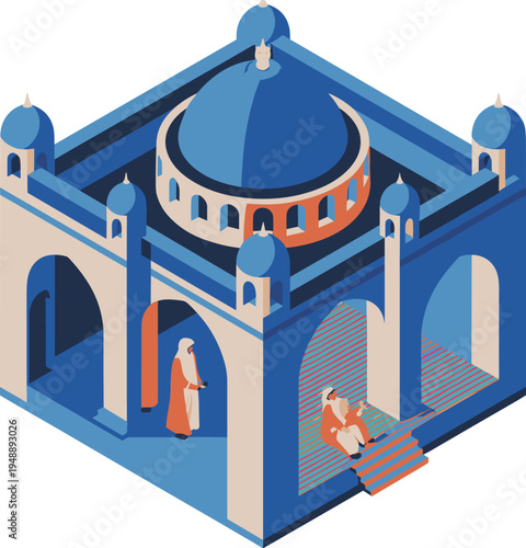 Isometric, mosque, islamic, architecture, mosque, dome, minaret, prayer, religion, muslim, building, landmark, culture, middle, eastern, illustration, worship, heritage, spiritual, design
