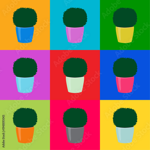 Seamless floral pattern green topiary plants in colorful pots on squares, vector eps 10