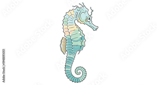Elegant seahorse, featuring a distinctive equine-like head and a gracefully curled tail, swimming upright in its serene underwater environment.