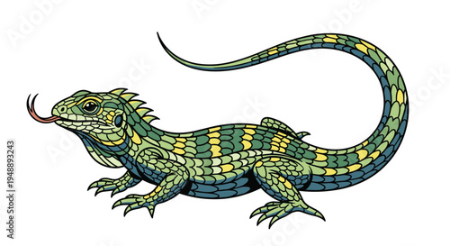 Intricately patterned lizard, adorned with vibrant multi-colored scales and a flicking tongue, standing alertly and showcasing its reptilian beauty.