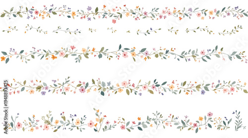 Light and romantic flower lines with soft watercolor blossoms and leafy details