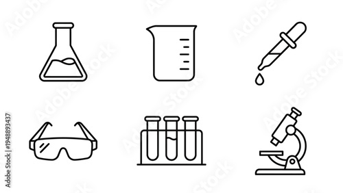 A collection of six line art icons depicting various laboratory equipment and science tools, including a flask, beaker, dropper, safety goggles, test tubes, and a microscope.