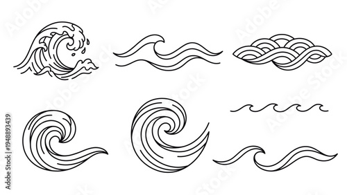 Ocean waves line art collection, japanese style water ripples and sea splashes set