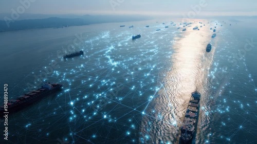 Naval Connectivity: Aerial vista of cargo ships, interconnected by a digital network, navigating the open sea, symbolizing global trade and advanced technology.