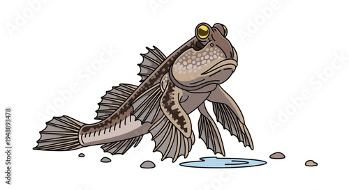 Unique mudskipper fish, an amphibious creature with prominent eyes and strong pectoral fins, moving on land near a water puddle.