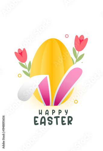 yellow easter egg on white poster with bunny ears and pink tulips