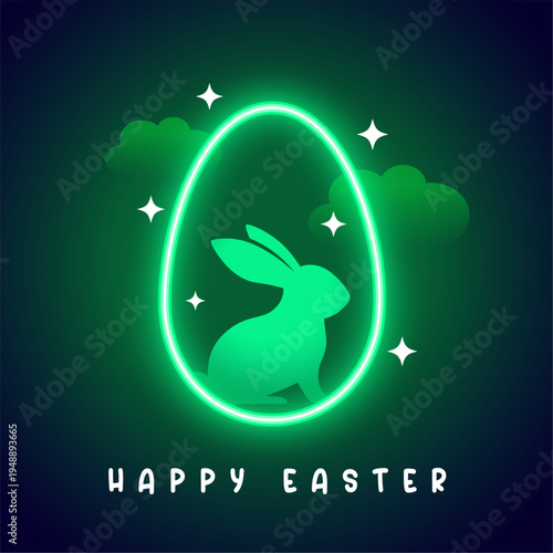green neon easter egg cloudy background with rabbit silhouette and stars