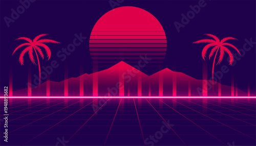 retro glowing neon tropical landscape background with geometric lines