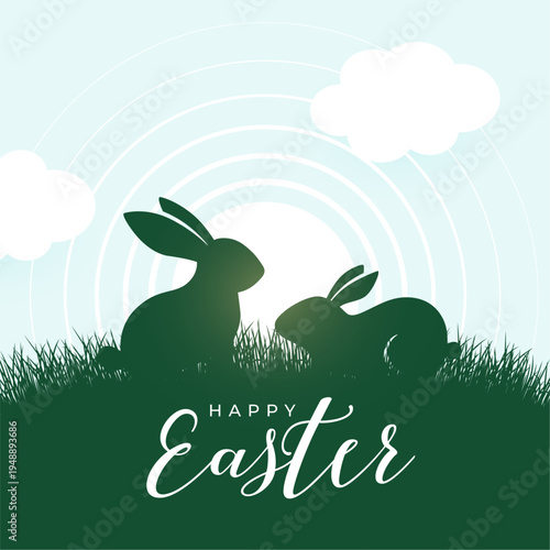 happy easter greeting card with rabbit silhouettes on grass field