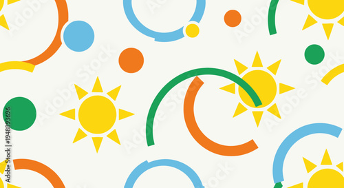Childhood Playful Abstract Flat Vector Seamless Pattern with Suns and Geometric Shapes