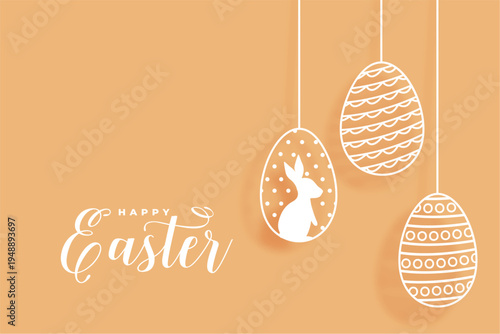 happy easter greeting card with hanging paper cut eggs and bunny silhouette